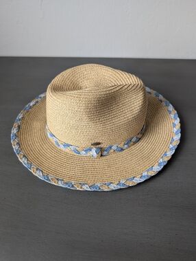 C.C Paper Straw Brown Blue Trim Braided Hat Summer Boho